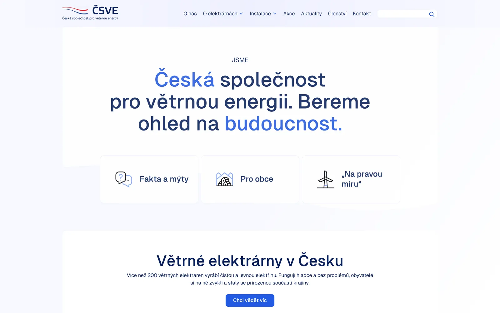Úvodní stránka webu České společnosti pro větrnou energii