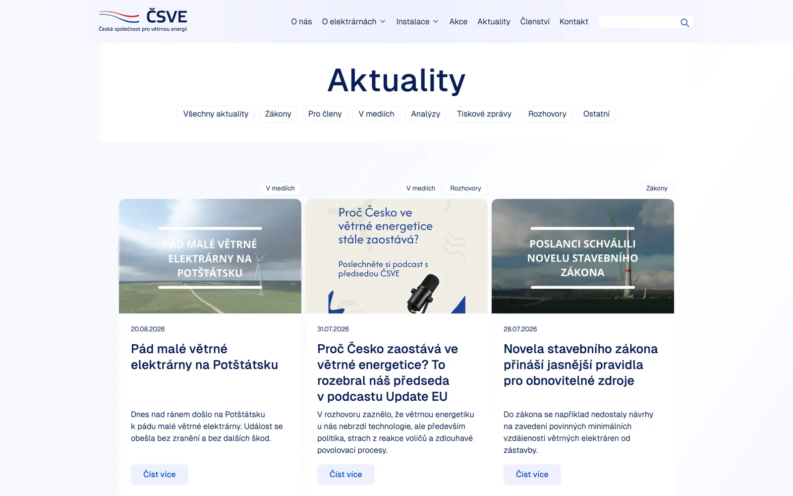 Rubrika aktualit na webu České společnosti pro větrnou energii