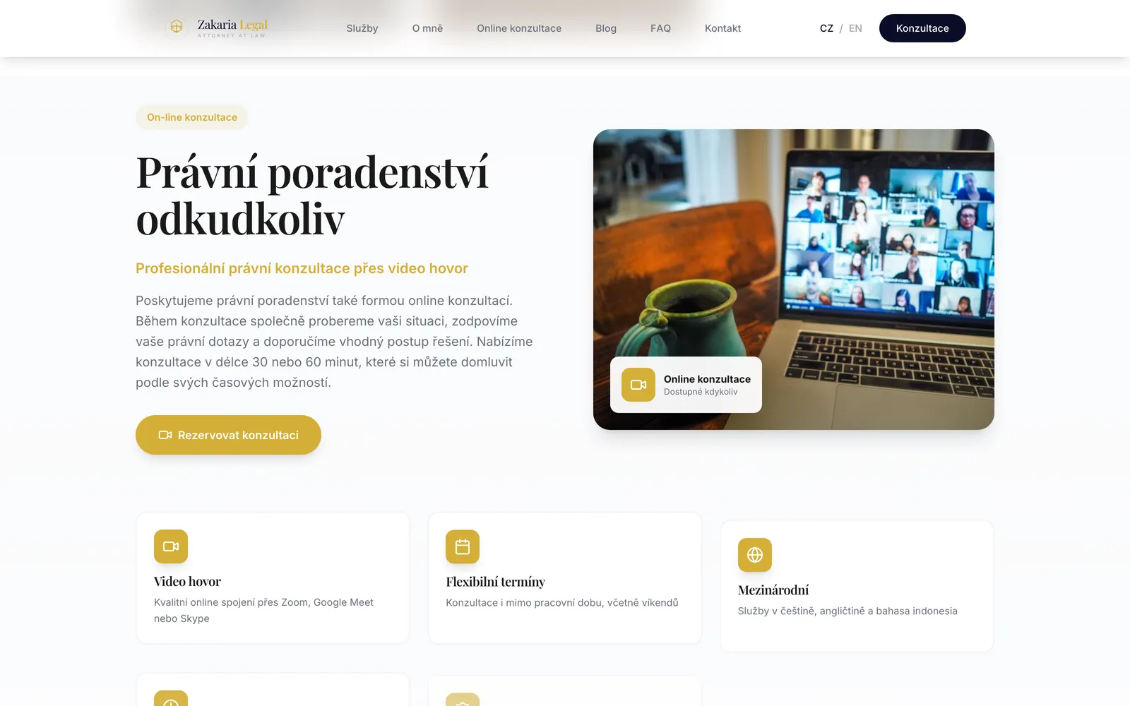 Sekce online konzultace s rezervací termínu na webu Zakaria Legal